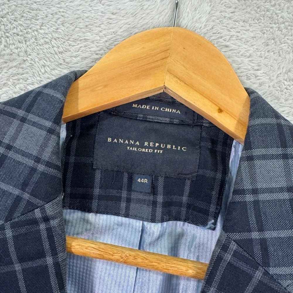 NEW Banana Republic Mens 44R Slim Tailored Fit Blazer Plaid Blue Gray Cotton